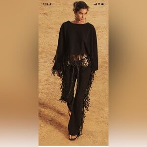 Zara Limited Edition 100% suede leather fringed pant and cape